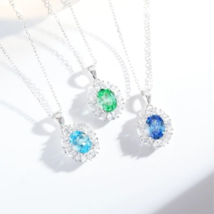 S925 sterling silver necklaces featuring oval-cut gemstones in green, dark blue, and sea blue