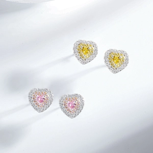 925 Sterlingsilber Herz Ohrstecker Halskette Rosa Gelb Strass Doppel Halo Schmuckset Für Damen