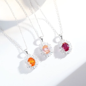 Three S925 sterling silver necklaces with oval halo colorful gemstone pendants
