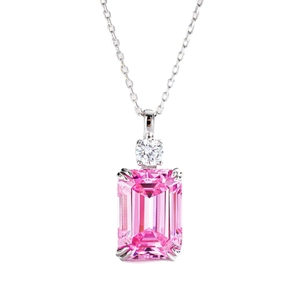 S925 sterling silver necklace with a large emerald cut pink gemstone pendant
