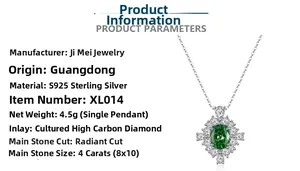 Dettaglio collana in argento S925 con gemma verde 4ct taglio radiant e design a halo
