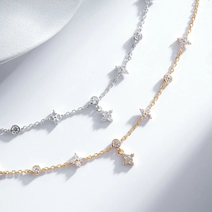 S925 silver and gold star bracelets with cubic zirconia and adjustable pull chain closure