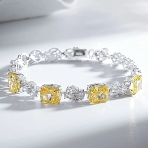 Luxury S925 sterling silver bracelet with yellow square-cut stones and clear zircons