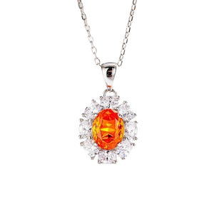 Elegant S925 sterling silver necklace featuring an orange oval gemstone with floral halo
