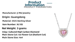Détail du collier cœur en argent S925 avec pendentif rose et pierres taille glace