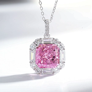 Radiant cut pink carbon diamond pendant necklace in 925 silver with halo accent