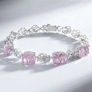 Luxurious S925 silver bracelet with pink cushion-cut stones and marquise-cut zircons