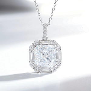 Sparkling 925 sterling silver necklace with radiant cut cushion gemstone and double halo