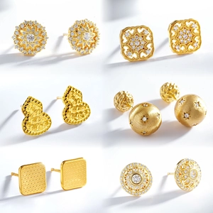 Detail showing six styles of 24K gold-plated brass studs with zircon and floral patterns