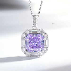 Macro shot of large square radiant cut purple gemstone pendant in S925 silver setting
