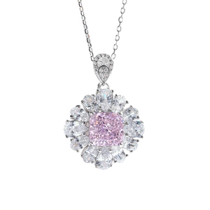 Luxueux collier en argent S925 avec pendentif en pierre rose taille coussin et halo