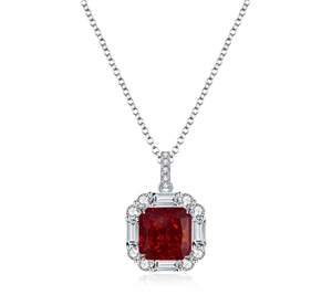 Macro detail of Radiant-cut ruby red gemstone pendant with Moissanite halo setting