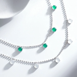 Collier Pendentif en Calcédoine Verte Blanche en Argent Sterling 925 Chaîne de Perles Rondes Agate Ras du Cou Bijoux Femme