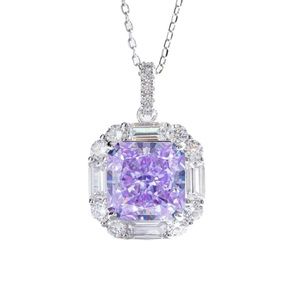 Elegant 925 silver necklace with radiant cut purple gemstone and halo diamond accents