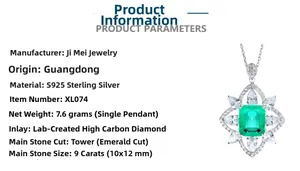Detail view of S925 sterling silver necklace with 9ct emerald cut green carbon diamond