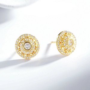 Elegant 24K gold plated sunburst stud earrings featuring layered sparkling zircon stones