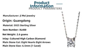 Detail showing S925 sterling silver necklace specs with a 1-carat moissanite stone