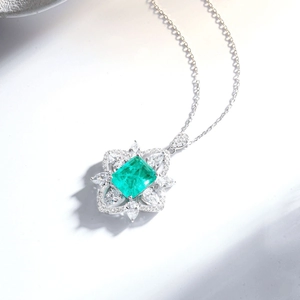 S925 silver necklace with emerald cut green gemstone and zircon floral pendant