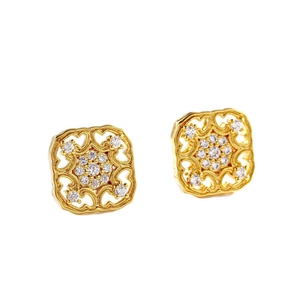24K gold plated hollow square stud earrings with heart patterns and white stone cluster