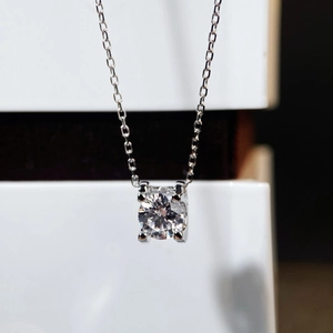 S925 sterling silver necklace with classic 1 carat round moissanite pendant in 4-prong setting
