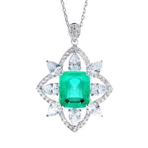 Elegant S925 sterling silver necklace with emerald-cut green gemstone and halo design