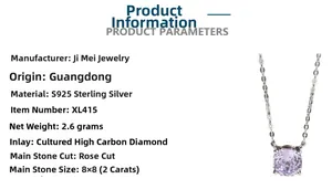 Detailed spec sheet showing S925 silver necklace with 2ct rose cut purple diamond