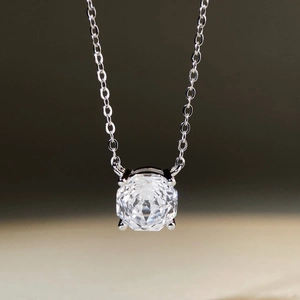 Classic S925 sterling silver solitaire pendant necklace with four-prong round zircon