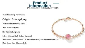 Detail of rose gold S925 sterling silver bracelet with 3ct pink radiant cut carbon diamond