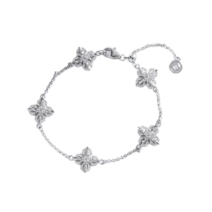 Elegant 24K gold plated bracelet featuring five diamond-encrusted flower charms and lobster clasp
