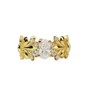 Gold-plated S925 silver iris ring with 1-carat ice flower cut oval gemstone and leaf detail
