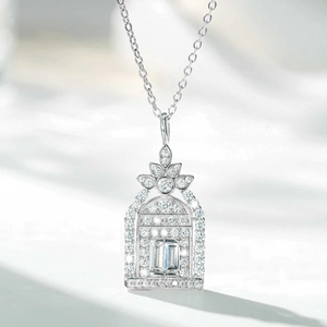 925 Sterling Silver Door of Happiness Pendant Necklace Vintage Architectural Arch Geometric Rhinestone Inlaid Emerald Cut Clavicle Chain Jewelry for Women