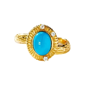 Bague rétro en argent S925 avec pierre turquoise et placage en or 24K style vintage