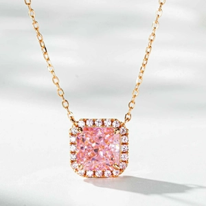S925 sterling silver necklace featuring radiant cut pink gemstone and halo crystals
