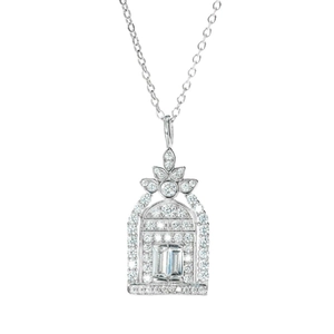 925 silver arch pendant necklace with full diamond pave setting on white background