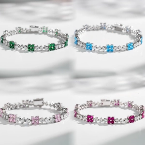 Bracciale in Argento Sterling S925 Quadrifoglio Zirconia Elegante Moda Intarsiato Pietre Preziose Catena per Donna Gioielli