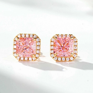 Square pink halo earrings with gold finish and sparkling zircon stones for women