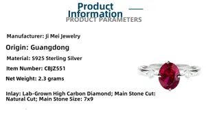 Detailed specs of S925 silver ring with 7x9mm oval red gemstone and white side stones