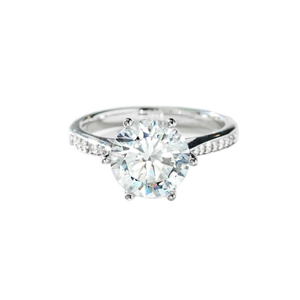 Anello classico in argento 925 con moissanite da 3 carati, 6 griffe e pavé laterale