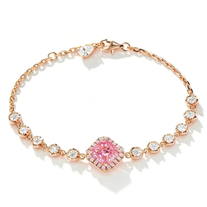 Luxurious S925 sterling silver bracelet with pink square gemstone and white diamonds