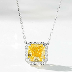 S925 silver necklace featuring a princess-cut yellow diamond pendant with a diamond halo