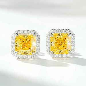 S925 silver stud earrings featuring yellow radiant cut stones and diamond halo design