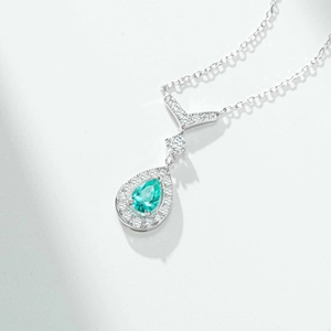 925 Sterling Silver Pendant Necklace For Women Paraiba Blue Water Drop Gemstone V-Shape Rhinestone Inlaid Cross Chain Jewelry