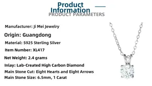 Detail of 1ct heart and arrow cut moissanite set in a classic four-prong silver pendant