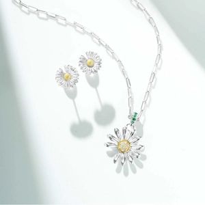 Ensemble Bijoux en Argent Sterling 925 Collier Boucles d'Oreilles Marguerite Femme Strass Tournesol Chaîne Trombone Bijoux Fleur Cadeau