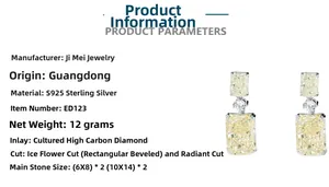 Macro view of S925 sterling silver earrings featuring 10x14mm ice-cut carbon diamonds