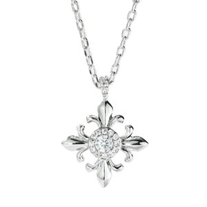 Fleur-de-lis cross necklace with round center stone and pave diamonds on silver chain