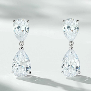 Detailed shot of pear-cut carbon diamond drop earrings in 925 sterling silver