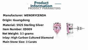 Detail view of S925 sterling silver pear cut 3ct pink carbon diamond earrings weight 3.1g