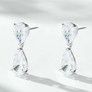 Macro detail of high-carbon pear-cut double teardrop earrings in 925 sterling silver
