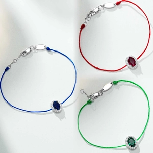 Bracelet en Argent Sterling S925 avec Pierre Gemme Ovale Corde Tissée pour Femmes Strass Incrusté Réglable Bijoux de Main